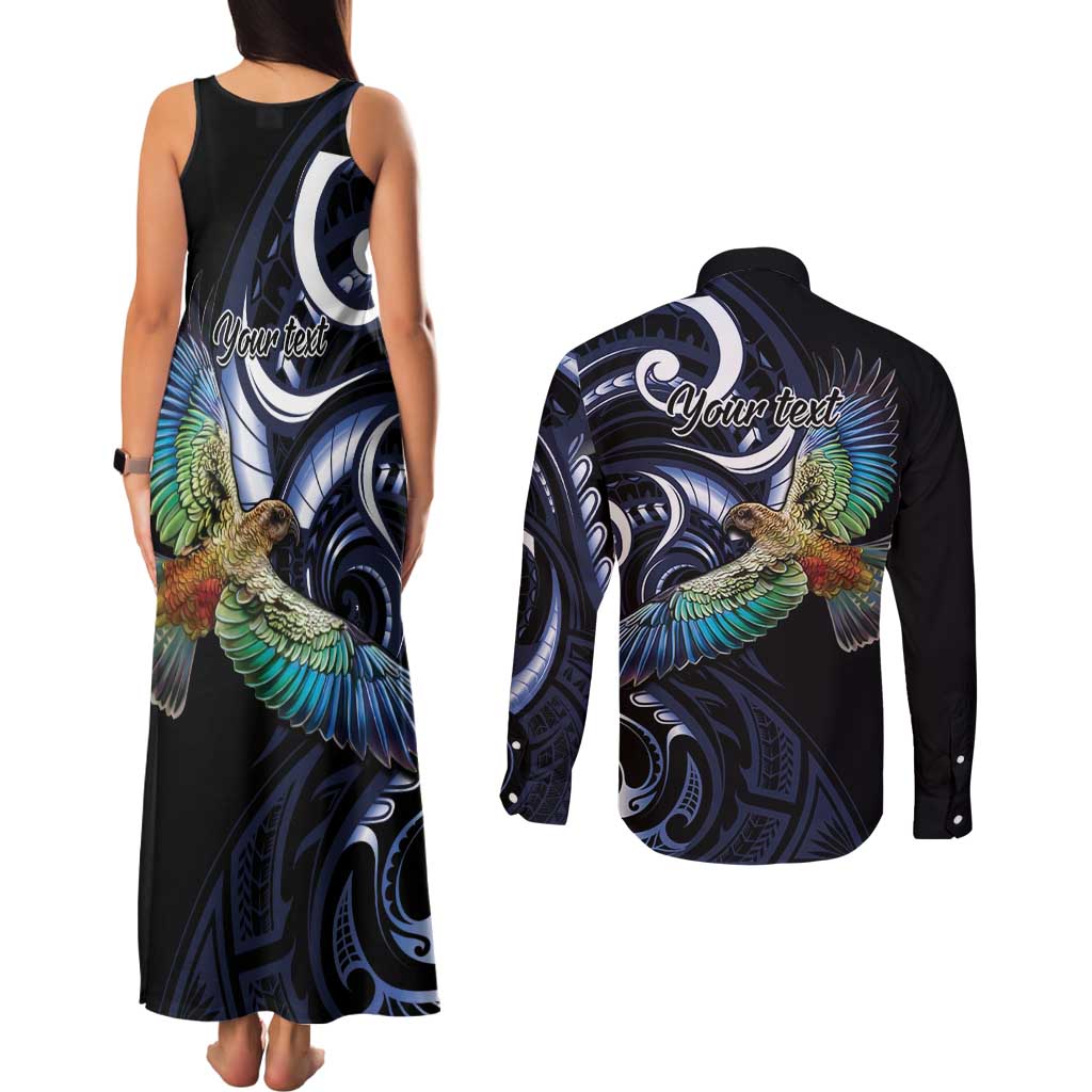 New Zealand Kea Bird Personalised Couples Matching Tank Maxi Dress and Long Sleeve Button Shirt Maori Tribal Koru Art