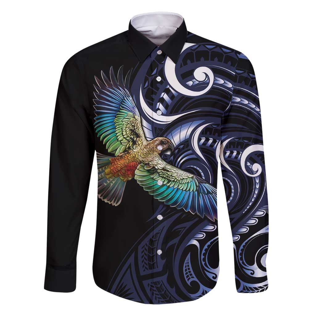 New Zealand Kea Bird Personalised Family Matching Long Sleeve Bodycon Dress and Hawaiian Shirt Maori Tribal Koru Art LT9 Dad's Shirt - Long Sleeve Blue - Polynesian Pride