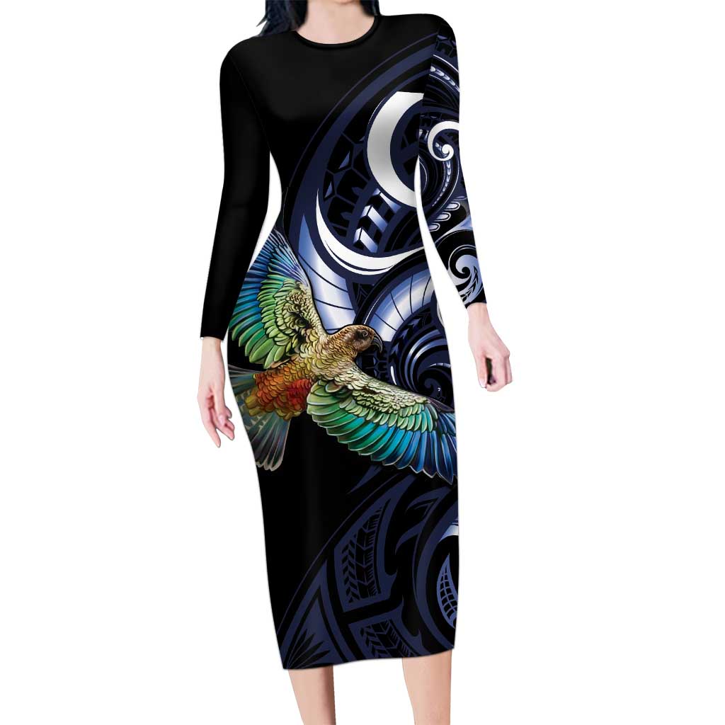 New Zealand Kea Bird Personalised Family Matching Long Sleeve Bodycon Dress and Hawaiian Shirt Maori Tribal Koru Art LT9 Mom's Dress Blue - Polynesian Pride