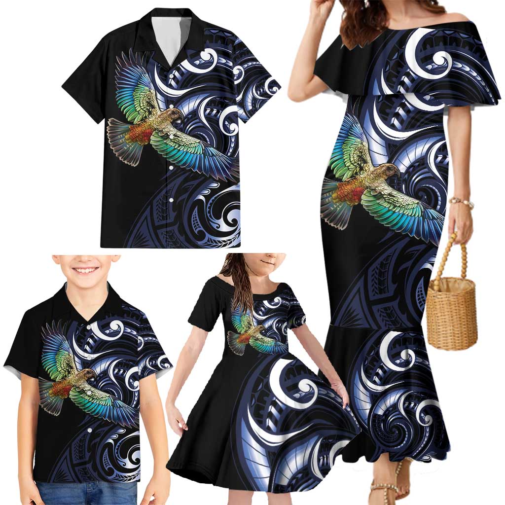 New Zealand Kea Bird Personalised Family Matching Mermaid Dress and Hawaiian Shirt Maori Tribal Koru Art LT9 - Polynesian Pride