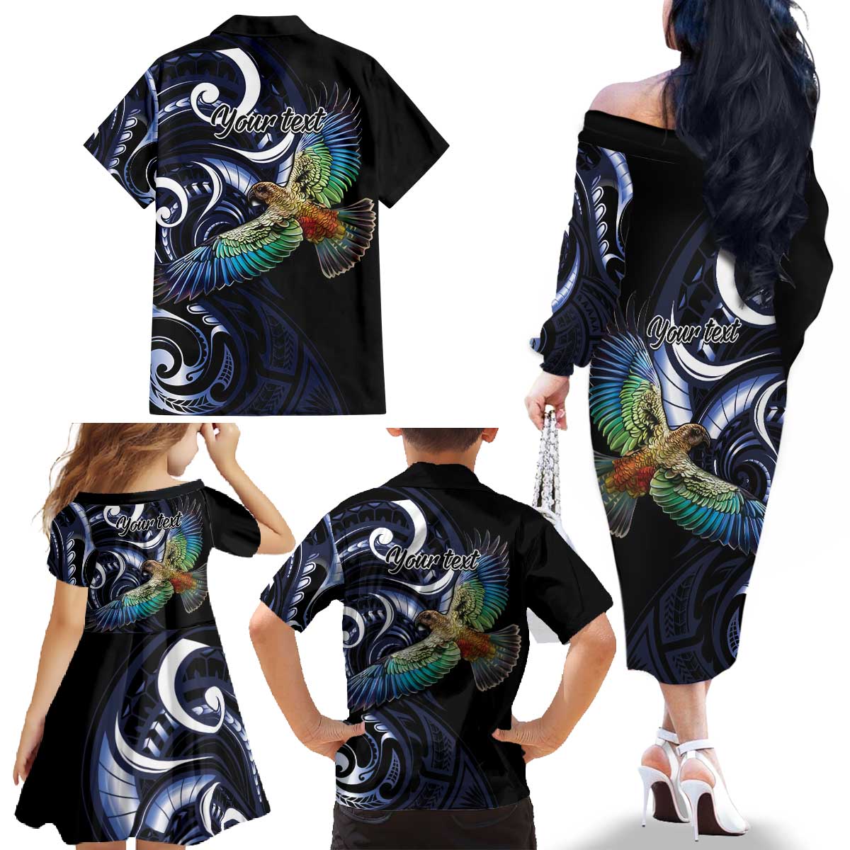 New Zealand Kea Bird Personalised Family Matching Off The Shoulder Long Sleeve Dress and Hawaiian Shirt Maori Tribal Koru Art LT9 - Polynesian Pride