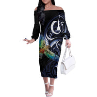New Zealand Kea Bird Personalised Family Matching Off The Shoulder Long Sleeve Dress and Hawaiian Shirt Maori Tribal Koru Art LT9 Mom's Dress Blue - Polynesian Pride