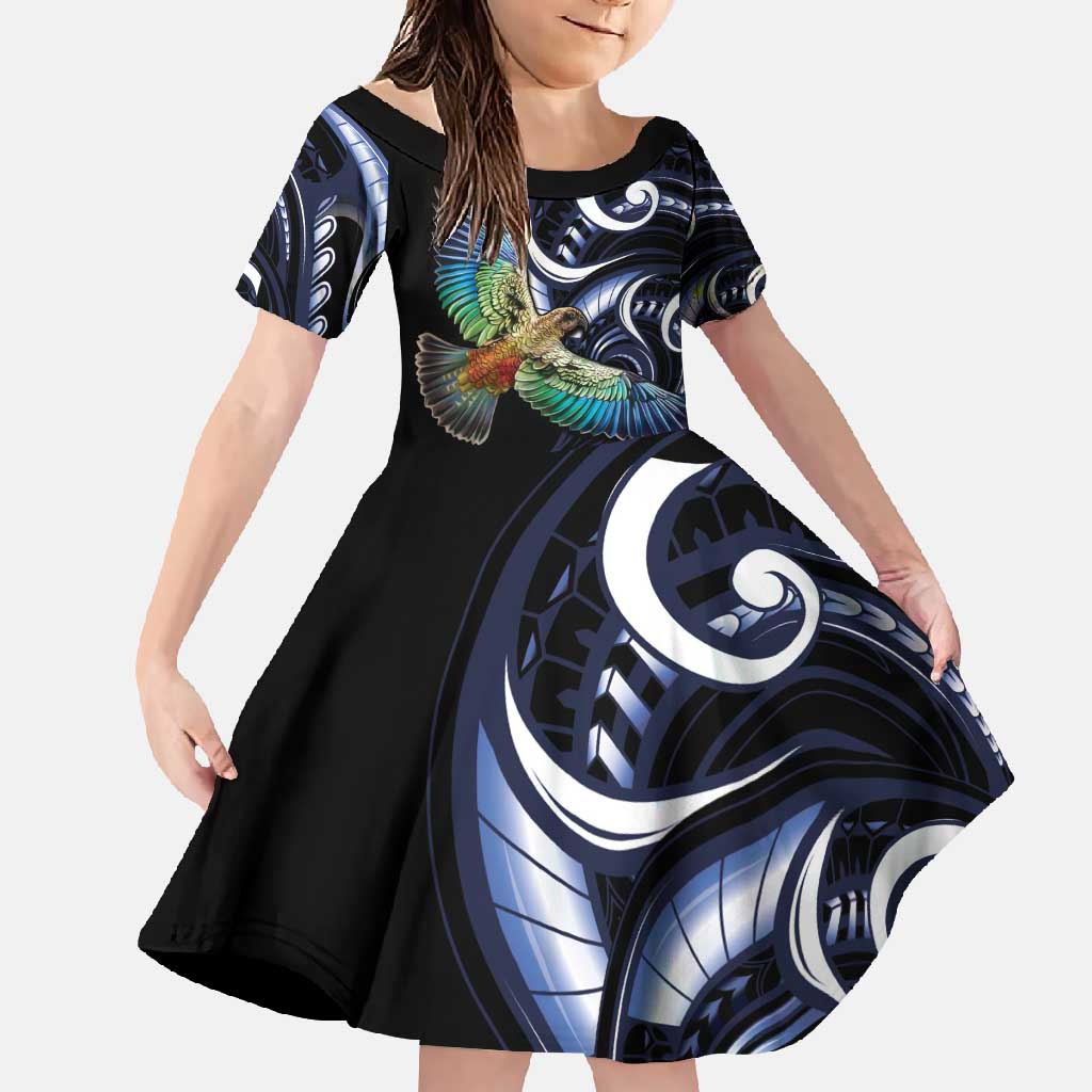 New Zealand Kea Bird Personalised Family Matching Off Shoulder Maxi Dress and Hawaiian Shirt Maori Tribal Koru Art LT9 Daughter's Dress Blue - Polynesian Pride
