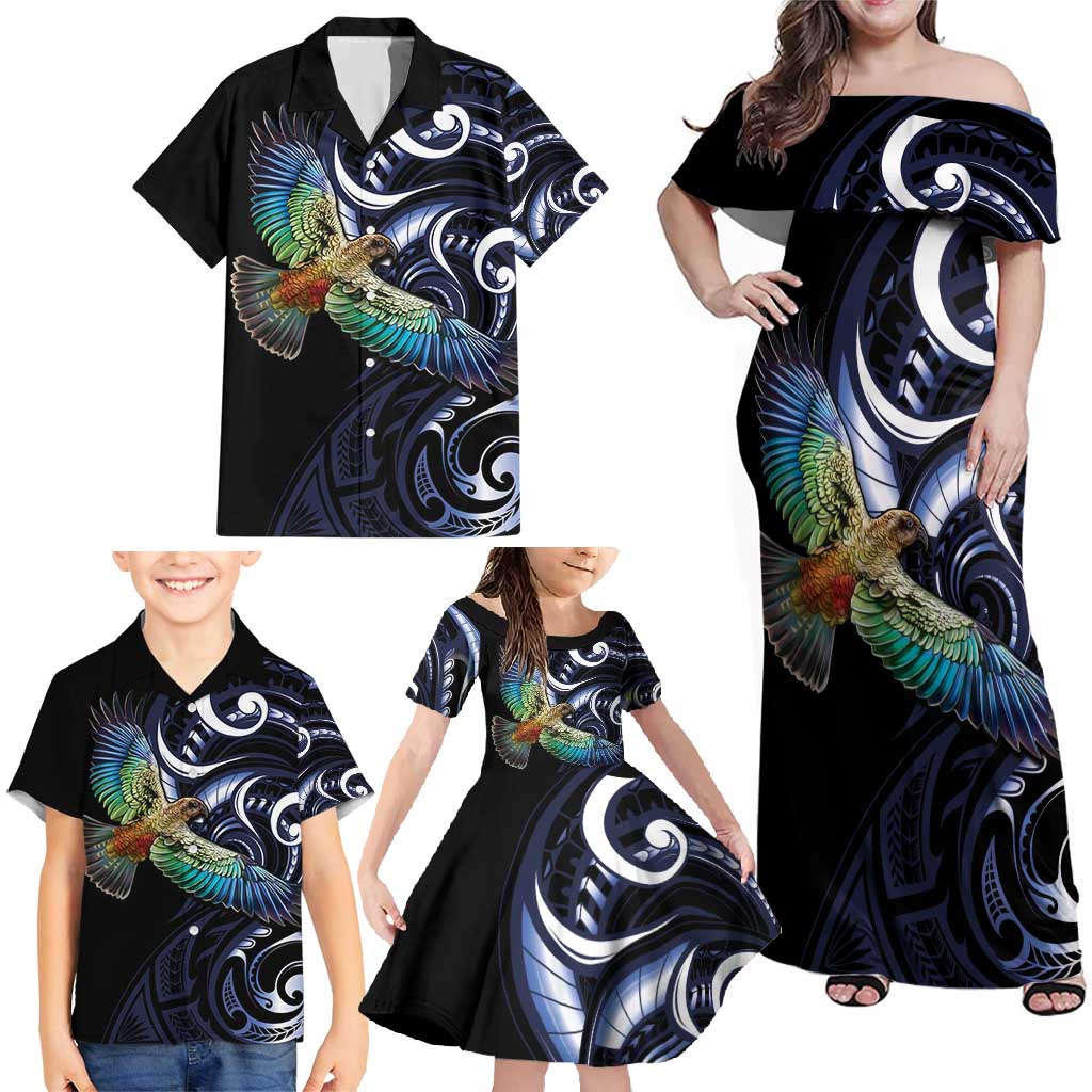 New Zealand Kea Bird Personalised Family Matching Off Shoulder Maxi Dress and Hawaiian Shirt Maori Tribal Koru Art LT9 - Polynesian Pride