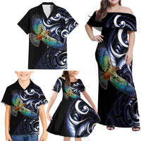 New Zealand Kea Bird Personalised Family Matching Off Shoulder Maxi Dress and Hawaiian Shirt Maori Tribal Koru Art LT9 - Polynesian Pride