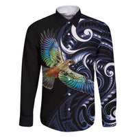 New Zealand Kea Bird Personalised Family Matching Off Shoulder Maxi Dress and Hawaiian Shirt Maori Tribal Koru Art LT9 Dad's Shirt - Long Sleeve Blue - Polynesian Pride