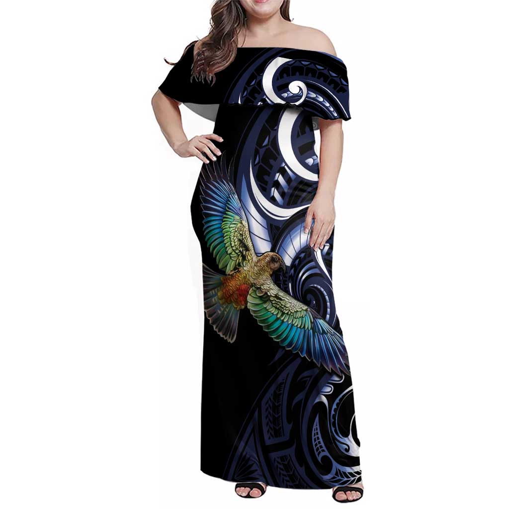 New Zealand Kea Bird Personalised Family Matching Off Shoulder Maxi Dress and Hawaiian Shirt Maori Tribal Koru Art LT9 Mom's Dress Blue - Polynesian Pride