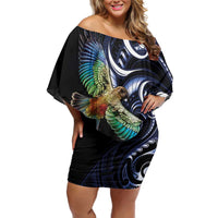 New Zealand Kea Bird Personalised Family Matching Off Shoulder Short Dress and Hawaiian Shirt Maori Tribal Koru Art LT9 Mom's Dress Blue - Polynesian Pride