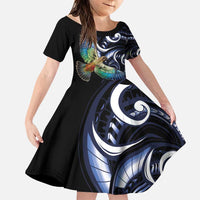New Zealand Kea Bird Personalised Family Matching Puletasi and Hawaiian Shirt Maori Tribal Koru Art LT9 Daughter's Dress Blue - Polynesian Pride