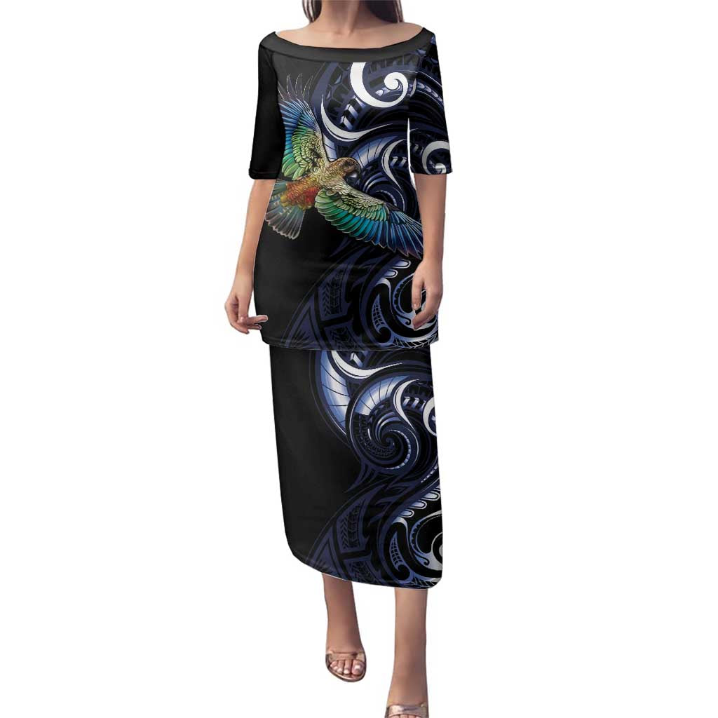 New Zealand Kea Bird Personalised Family Matching Puletasi and Hawaiian Shirt Maori Tribal Koru Art LT9 Mom's Dress Blue - Polynesian Pride