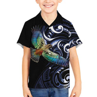 New Zealand Kea Bird Personalised Family Matching Puletasi and Hawaiian Shirt Maori Tribal Koru Art LT9 Son's Shirt Blue - Polynesian Pride