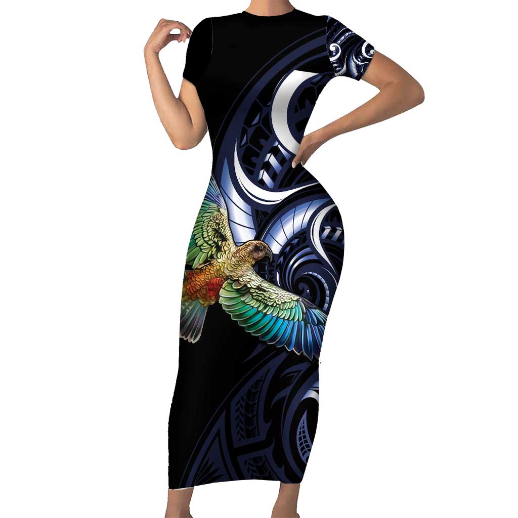 New Zealand Kea Bird Personalised Family Matching Short Sleeve Bodycon Dress and Hawaiian Shirt Maori Tribal Koru Art LT9 Mom's Dress Blue - Polynesian Pride