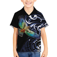 New Zealand Kea Bird Personalised Family Matching Short Sleeve Bodycon Dress and Hawaiian Shirt Maori Tribal Koru Art LT9 Son's Shirt Blue - Polynesian Pride