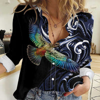 New Zealand Kea Bird Personalised Women Casual Shirt Maori Tribal Koru Art LT9 Female Blue - Polynesian Pride