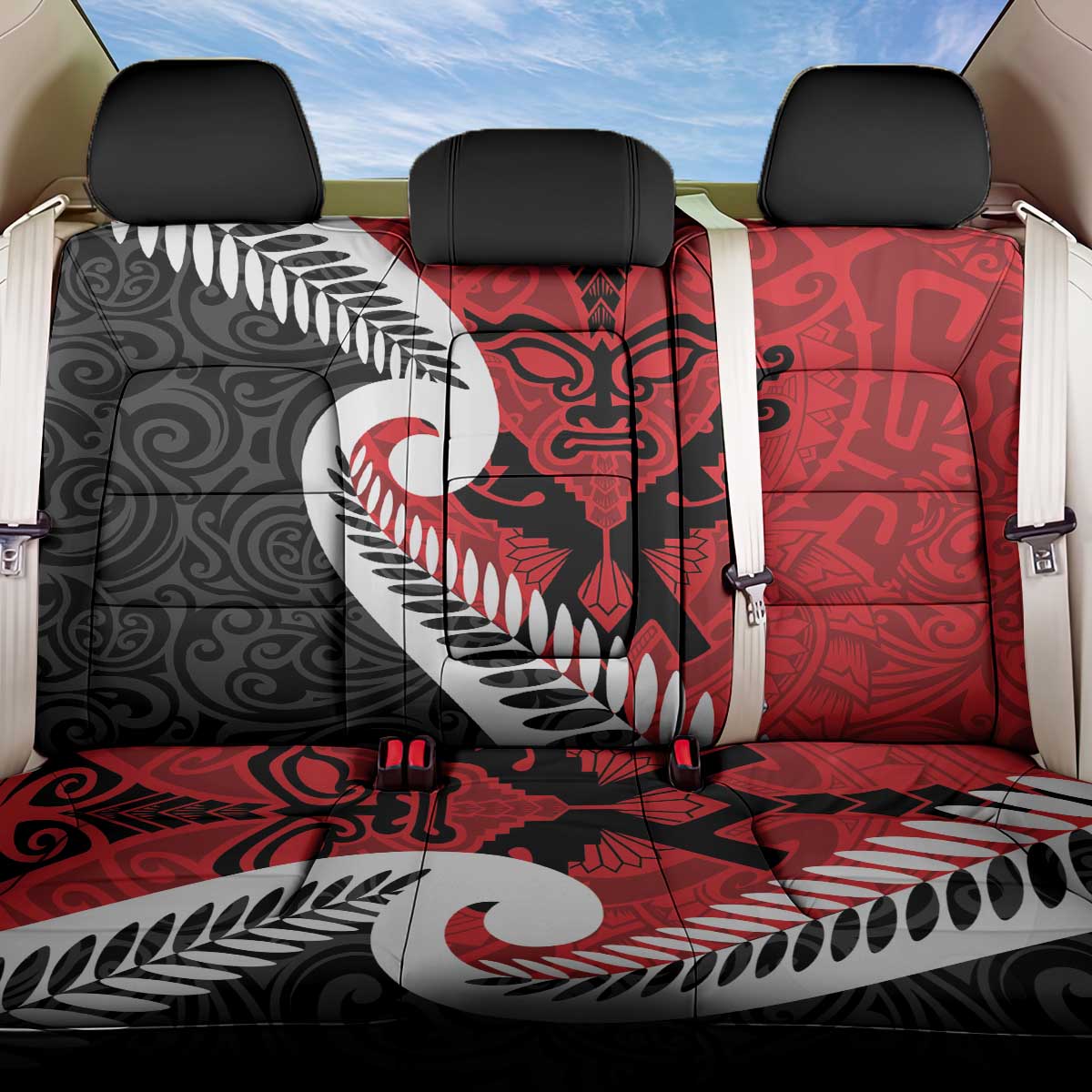 Silver Fern Koru Swirls with Maori Ta Moko Back Car Seat Cover LT9 One Size Red - Polynesian Pride