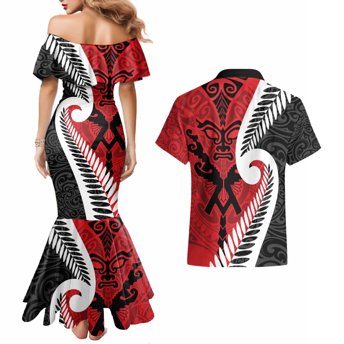 Silver Fern Koru Swirls with Maori Ta Moko Couples Matching Mermaid Dress and Hawaiian Shirt LT9 - Polynesian Pride