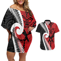 Silver Fern Koru Swirls with Maori Ta Moko Couples Matching Off Shoulder Short Dress and Hawaiian Shirt