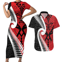 Silver Fern Koru Swirls with Maori Ta Moko Couples Matching Short Sleeve Bodycon Dress and Hawaiian Shirt LT9 Red - Polynesian Pride