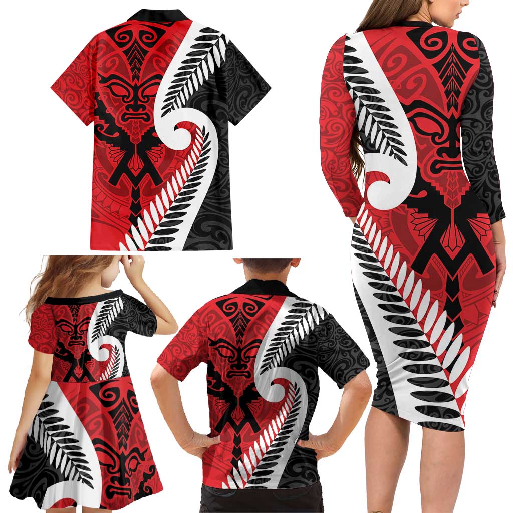 Silver Fern Koru Swirls with Maori Ta Moko Family Matching Long Sleeve Bodycon Dress and Hawaiian Shirt LT9 - Polynesian Pride