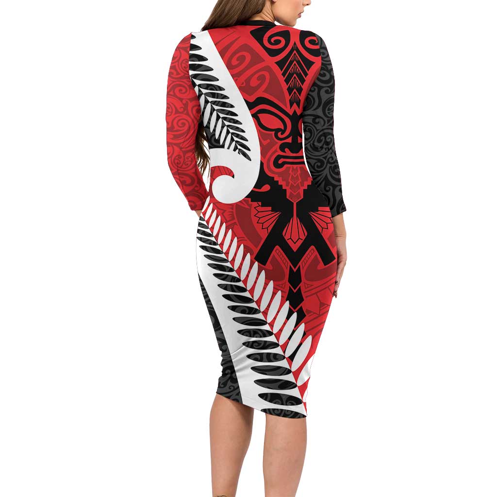 Silver Fern Koru Swirls with Maori Ta Moko Family Matching Long Sleeve Bodycon Dress and Hawaiian Shirt LT9 - Polynesian Pride
