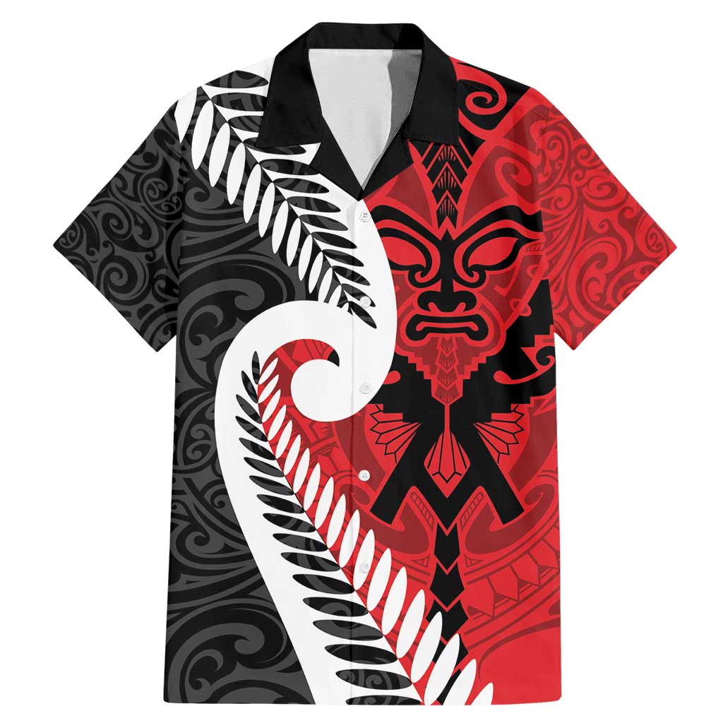 Silver Fern Koru Swirls with Maori Ta Moko Family Matching Mermaid Dress and Hawaiian Shirt LT9 Dad's Shirt - Short Sleeve Red - Polynesian Pride