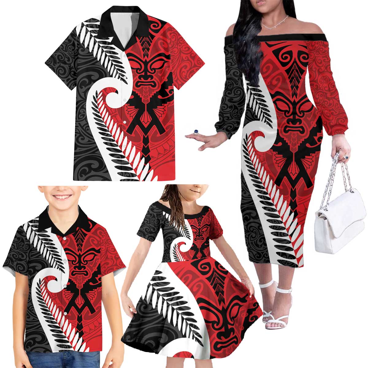 Silver Fern Koru Swirls with Maori Ta Moko Family Matching Off The Shoulder Long Sleeve Dress and Hawaiian Shirt LT9 - Polynesian Pride