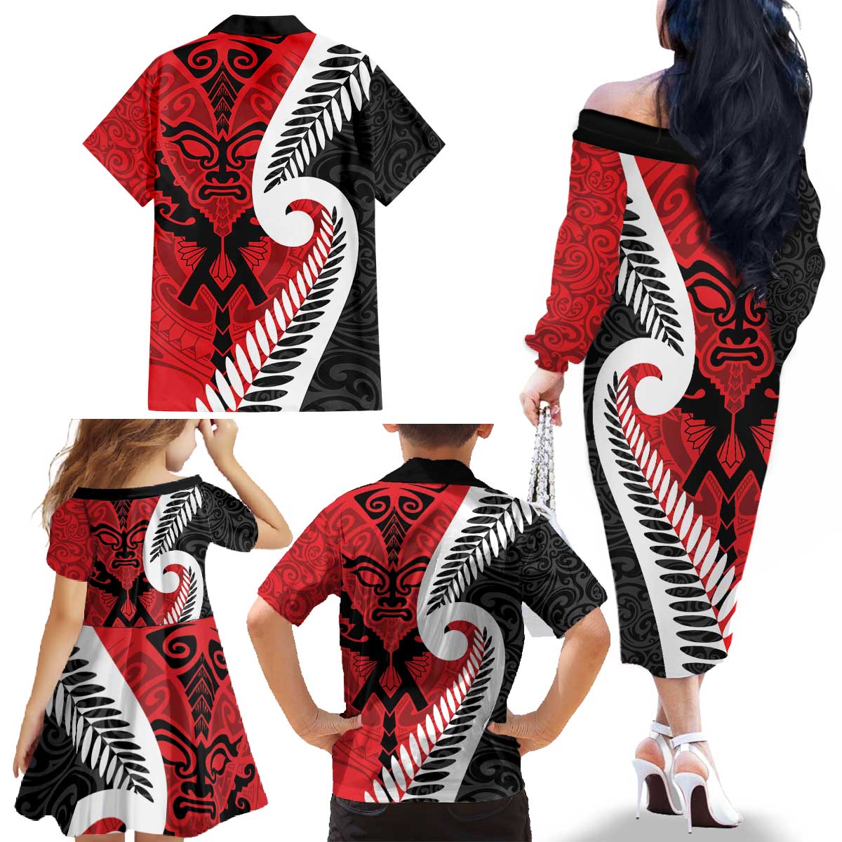 Silver Fern Koru Swirls with Maori Ta Moko Family Matching Off The Shoulder Long Sleeve Dress and Hawaiian Shirt LT9 - Polynesian Pride