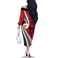 Silver Fern Koru Swirls with Maori Ta Moko Family Matching Off The Shoulder Long Sleeve Dress and Hawaiian Shirt LT9 - Polynesian Pride