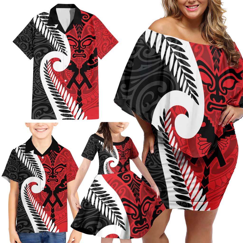 Silver Fern Koru Swirls with Maori Ta Moko Family Matching Off Shoulder Short Dress and Hawaiian Shirt LT9 - Polynesian Pride