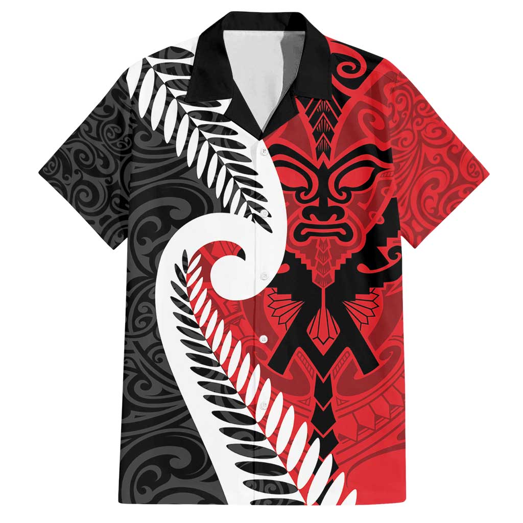 Silver Fern Koru Swirls with Maori Ta Moko Family Matching Off Shoulder Short Dress and Hawaiian Shirt LT9 Dad's Shirt - Short Sleeve Red - Polynesian Pride