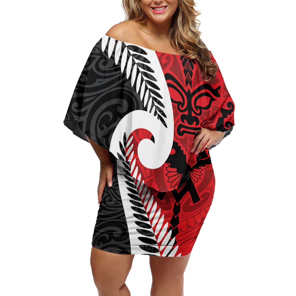 Silver Fern Koru Swirls with Maori Ta Moko Family Matching Off Shoulder Short Dress and Hawaiian Shirt LT9 Mom's Dress Red - Polynesian Pride