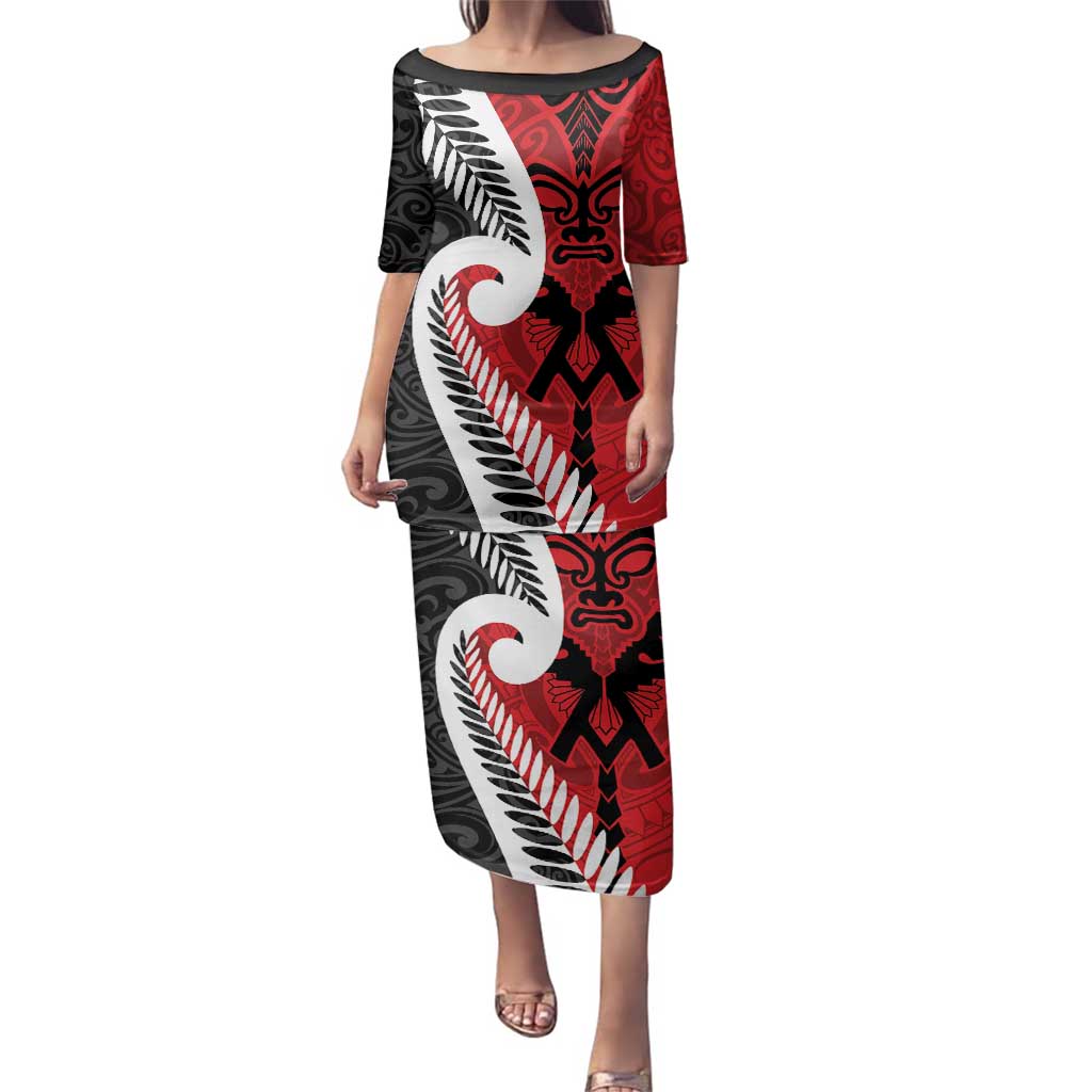Silver Fern Koru Swirls with Maori Ta Moko Family Matching Puletasi and Hawaiian Shirt LT9 Mom's Dress Red - Polynesian Pride