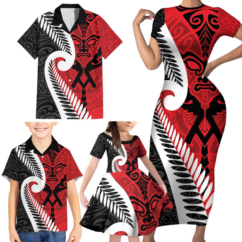 Silver Fern Koru Swirls with Maori Ta Moko Family Matching Short Sleeve Bodycon Dress and Hawaiian Shirt LT9 - Polynesian Pride