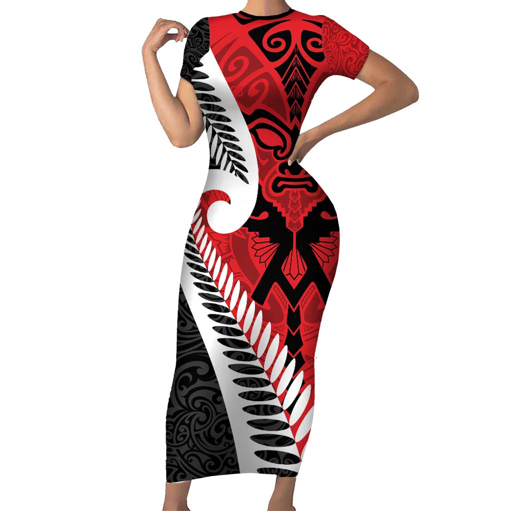 Silver Fern Koru Swirls with Maori Ta Moko Family Matching Short Sleeve Bodycon Dress and Hawaiian Shirt LT9 Mom's Dress Red - Polynesian Pride