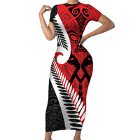 Silver Fern Koru Swirls with Maori Ta Moko Family Matching Short Sleeve Bodycon Dress and Hawaiian Shirt LT9 Mom's Dress Red - Polynesian Pride