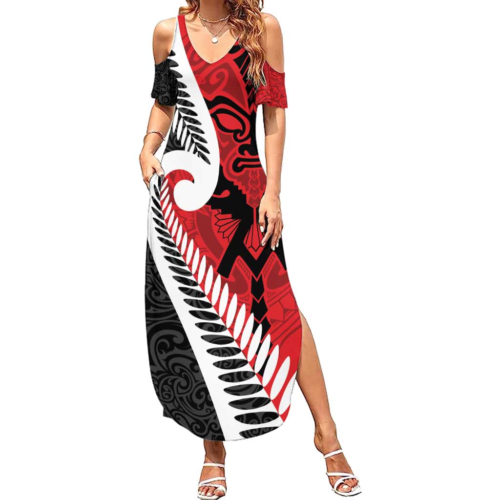 Silver Fern Koru Swirls with Maori Ta Moko Family Matching Summer Maxi Dress and Hawaiian Shirt LT9 Mom's Dress Red - Polynesian Pride