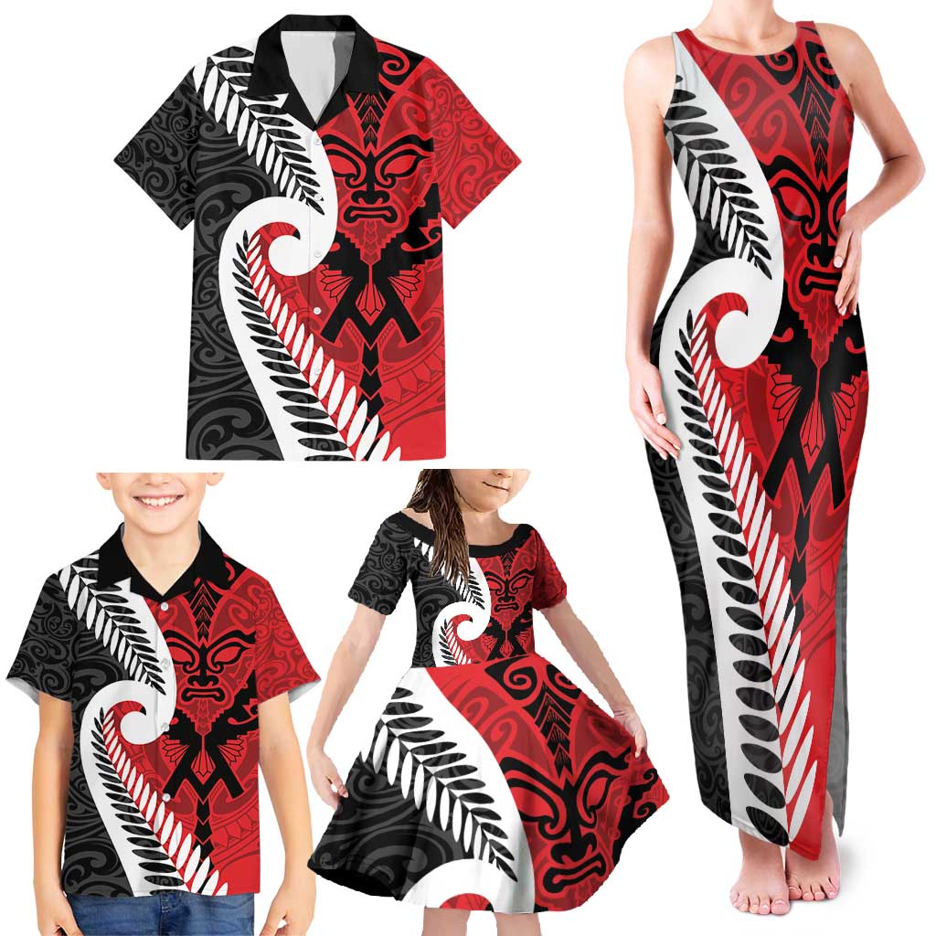 Silver Fern Koru Swirls with Maori Ta Moko Family Matching Tank Maxi Dress and Hawaiian Shirt LT9 - Polynesian Pride
