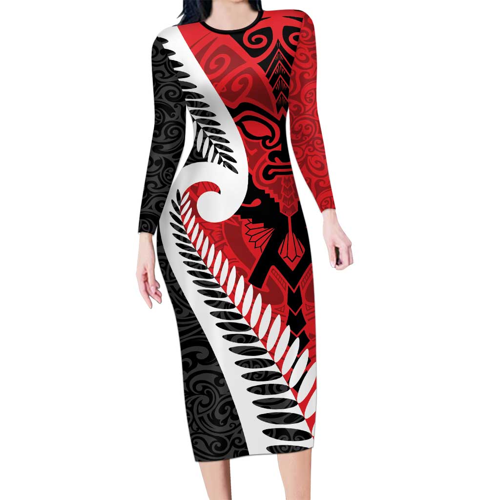 Silver Fern Koru Swirls with Maori Ta Moko Long Sleeve Bodycon Dress LT9 Long Dress Red - Polynesian Pride