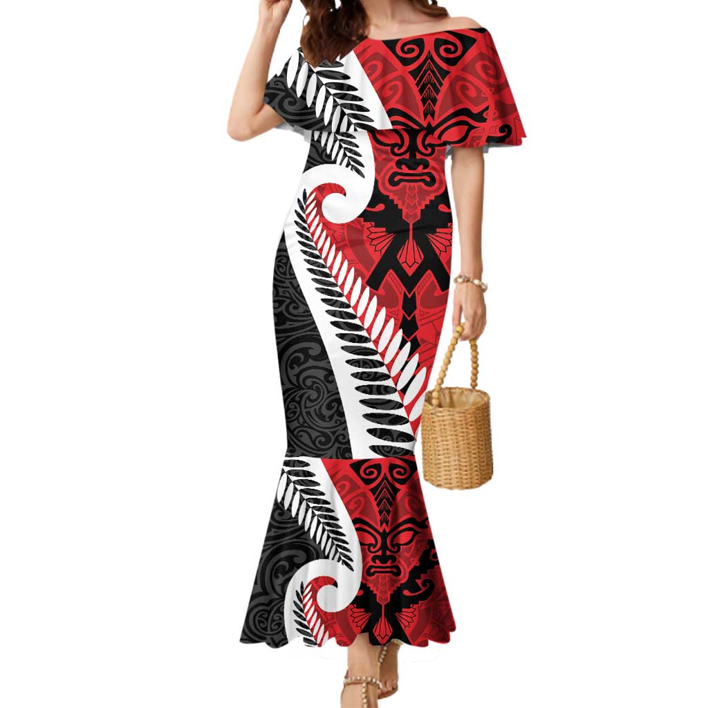 Silver Fern Koru Swirls with Maori Ta Moko Mermaid Dress LT9 Women Red - Polynesian Pride