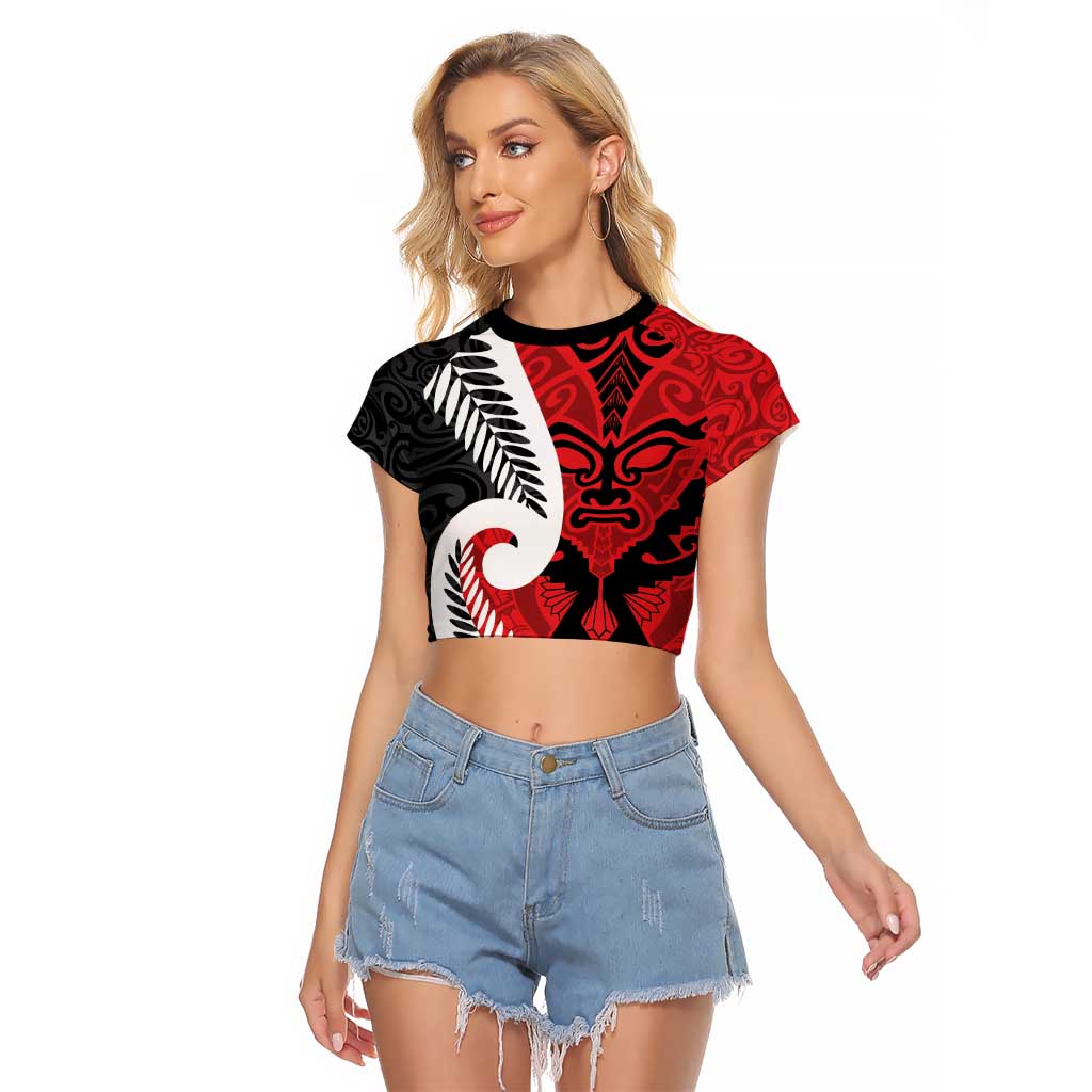 Silver Fern Koru Swirls with Maori Ta Moko Raglan Cropped T Shirt
