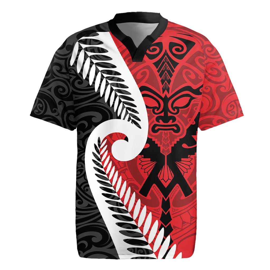 Silver Fern Koru Swirls with Maori Ta Moko Rugby Jersey LT9 Red - Polynesian Pride