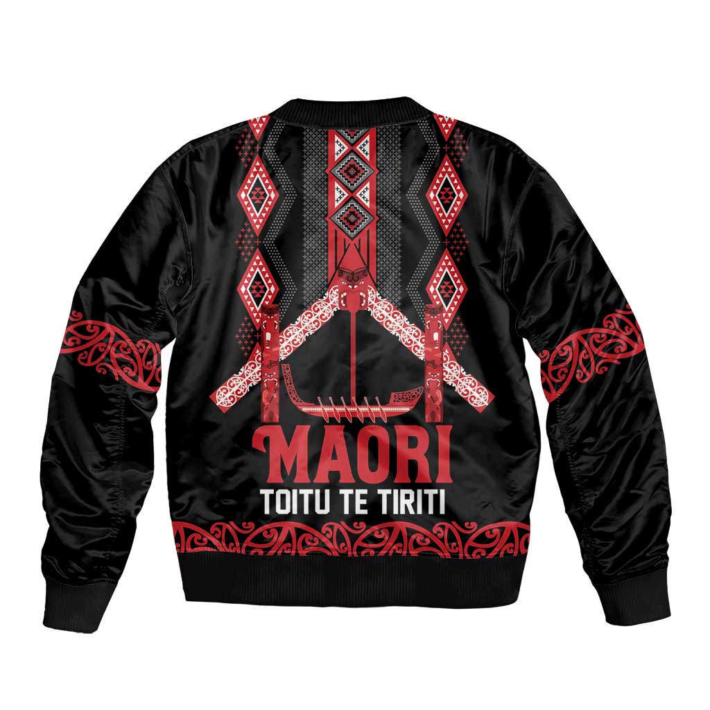 Toitu Te Tiriti Waitangi Bomber Jacket Black Wharenui House - Polynesian Pride