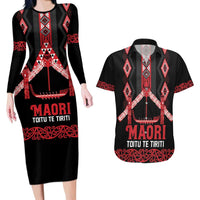 Toitu Te Tiriti Waitangi Couples Matching Long Sleeve Bodycon Dress and Hawaiian Shirt Black Wharenui House LT9 Black - Polynesian Pride