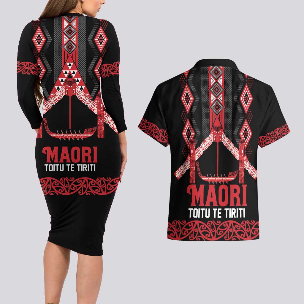 Toitu Te Tiriti Waitangi Couples Matching Long Sleeve Bodycon Dress and Hawaiian Shirt Black Wharenui House LT9 - Polynesian Pride