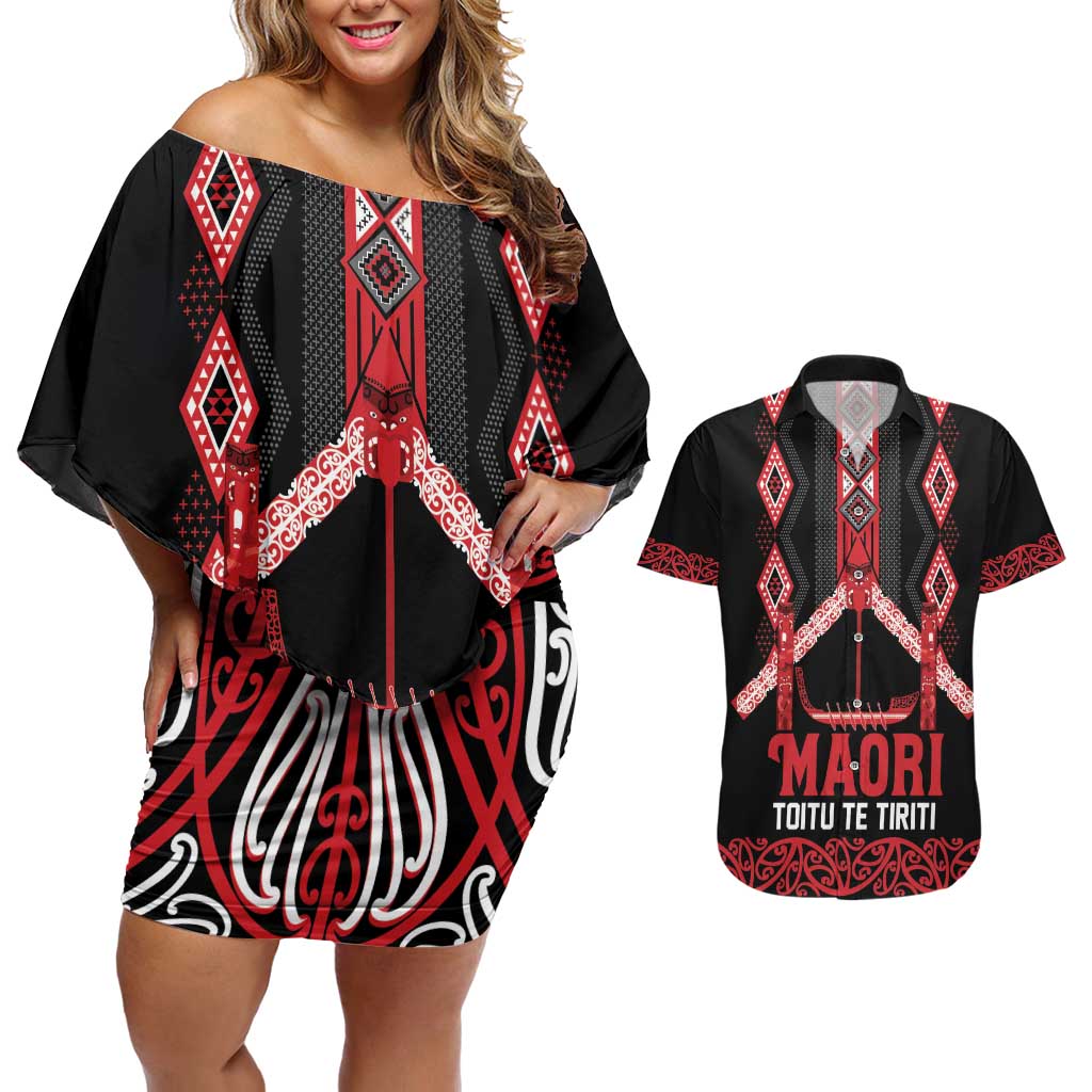 Toitu Te Tiriti Waitangi Couples Matching Off Shoulder Short Dress and Hawaiian Shirt Black Wharenui House LT9 Black - Polynesian Pride
