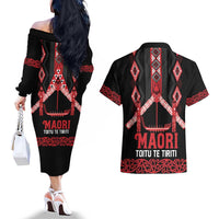 Toitu Te Tiriti Waitangi Couples Matching Off The Shoulder Long Sleeve Dress and Hawaiian Shirt Black Wharenui House LT9 - Polynesian Pride