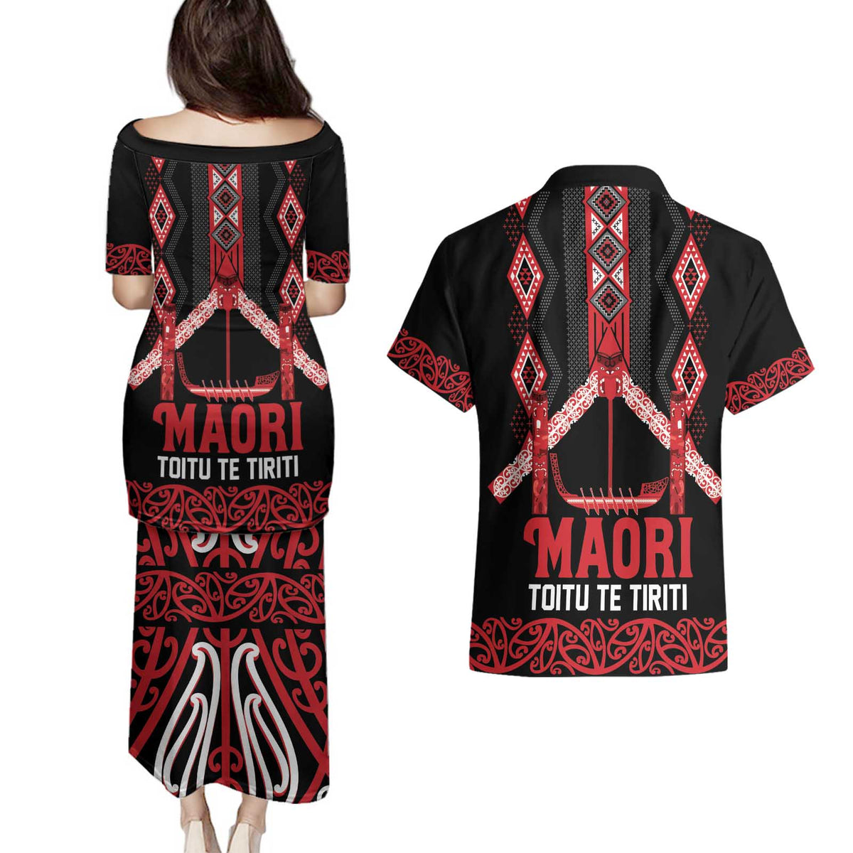 Toitu Te Tiriti Waitangi Couples Matching Puletasi and Hawaiian Shirt Black Wharenui House - Polynesian Pride
