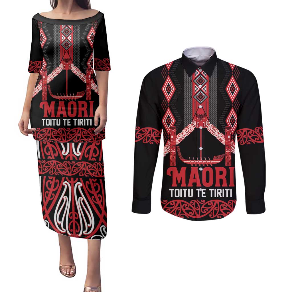 Toitu Te Tiriti Waitangi Couples Matching Puletasi and Long Sleeve Button Shirt Black Wharenui House - Polynesian Pride