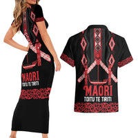Toitu Te Tiriti Waitangi Couples Matching Short Sleeve Bodycon Dress and Hawaiian Shirt Black Wharenui House LT9 - Polynesian Pride