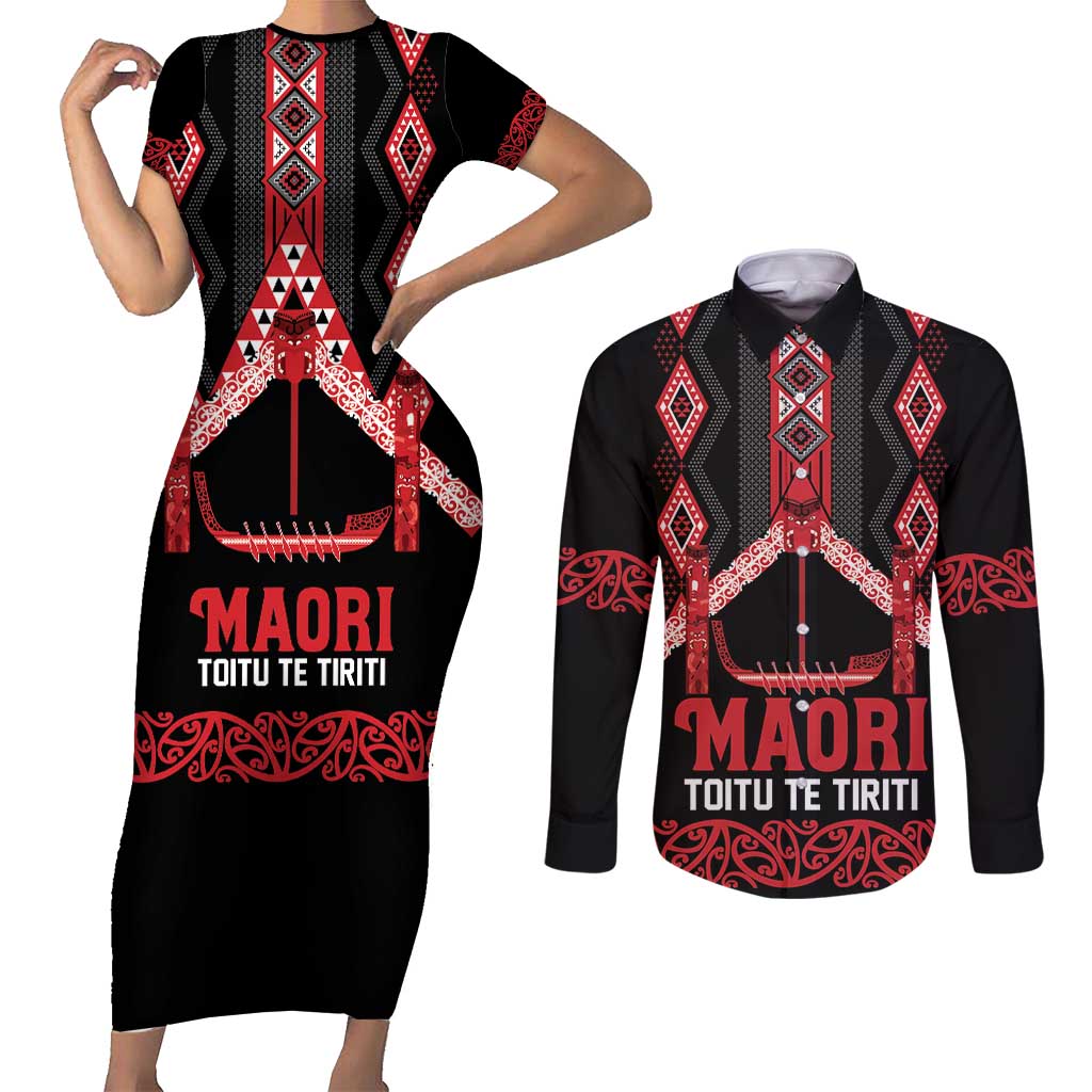 Toitu Te Tiriti Waitangi Couples Matching Short Sleeve Bodycon Dress and Long Sleeve Button Shirt Black Wharenui House LT9 Black - Polynesian Pride